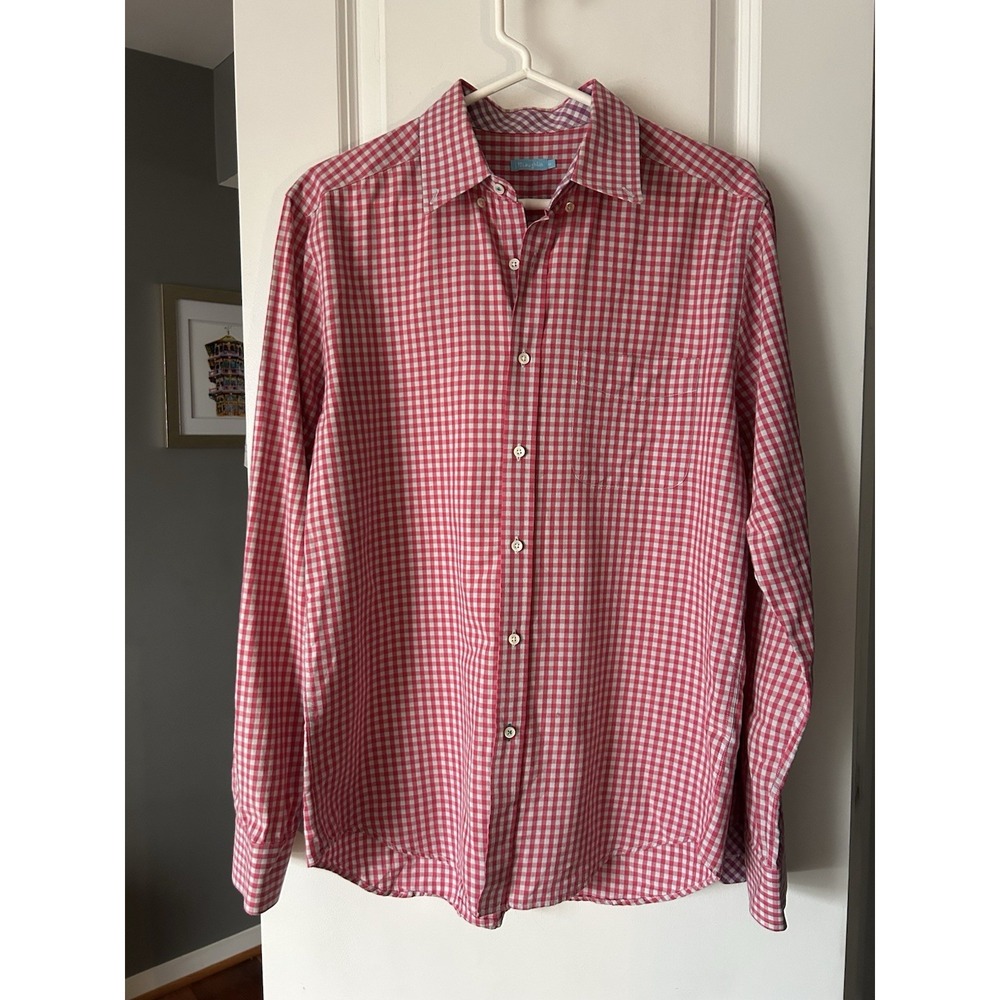 J McLaughlin Men's Shirt Pink Gray Check Long Sleeve Cotton Button Down Medium